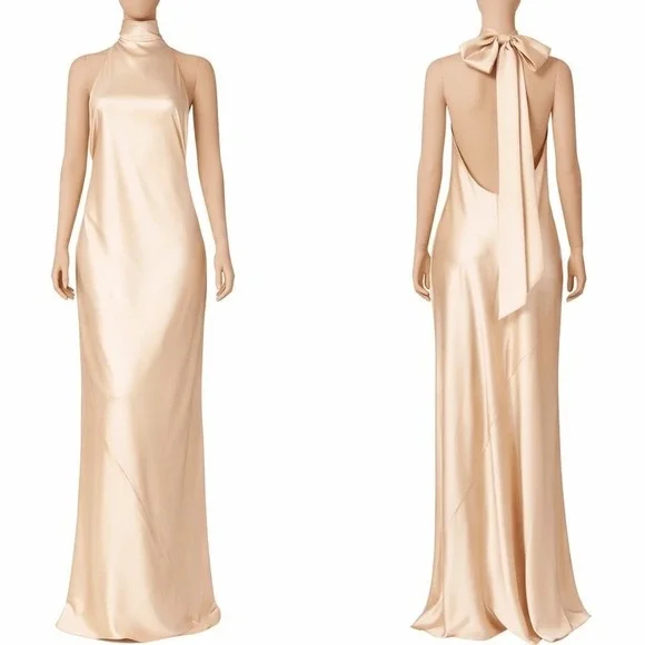 Show Me Your Mumu Lisa Maxi Dress Small Champagne Satin Halter Open Back - Picture 8 of 15